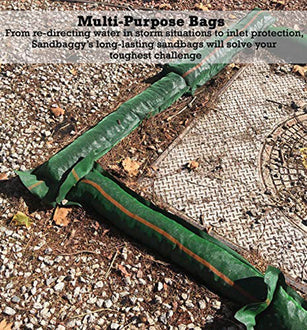 Sandbaggy 11" x 48" tube sandbags are multi-purpose bags. Use to prevent flooding and redirect water in storm situations or inlet protection.