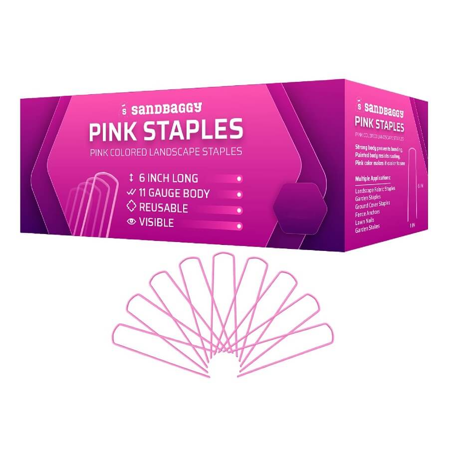 Sandbaggy Pink Staples: Pink Colored Landscape Staples: 6 inch long, 11 gauge body, reusable, visible. Strong body prevents bending. Painted body resists rusting. Pink color makes it easier to see. Multiple Applications: Landscape Fabric Staples, Garden Staples, Ground Cover Staples, Fence Anchors, Lawn Nails, Garden Stakes.