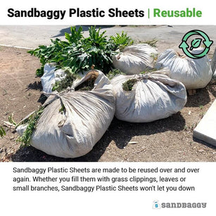 Reusable Garden Plastic Sheets tied up into bags for storage and disposal of grass, branches, and twigs.