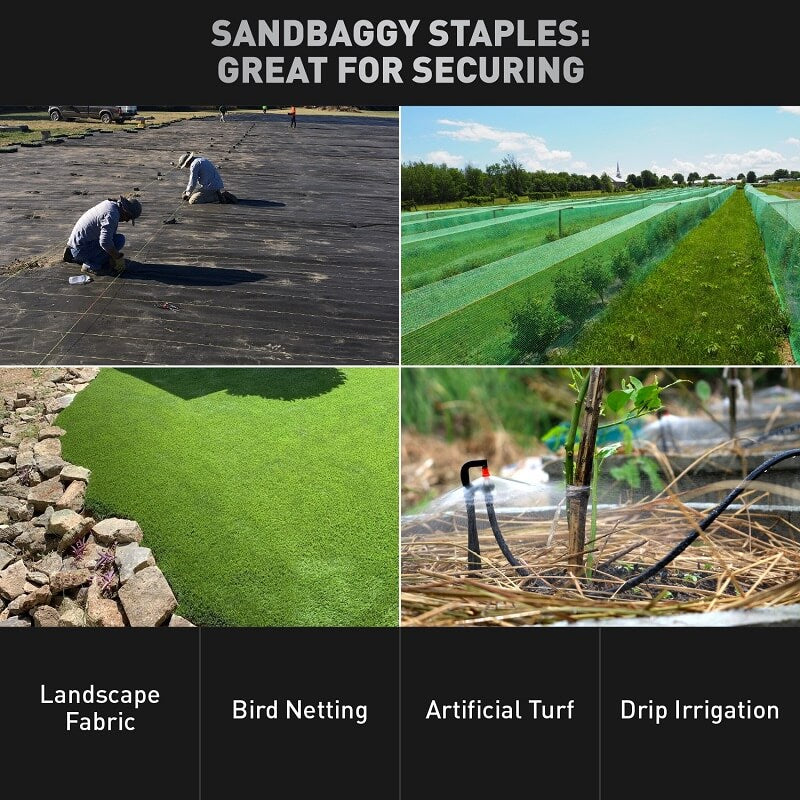 Sandbaggy staples are great for securing landscape fabric, bird netting, artificial turf, and drip irrigation.