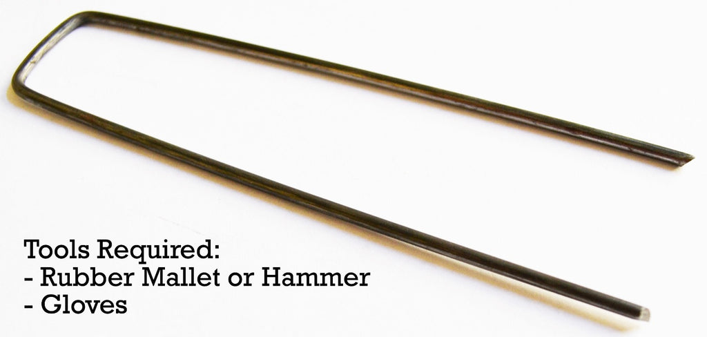 Extra thick 9-gauge staples require two tools for installation: rubber mallet or hammer, gloves