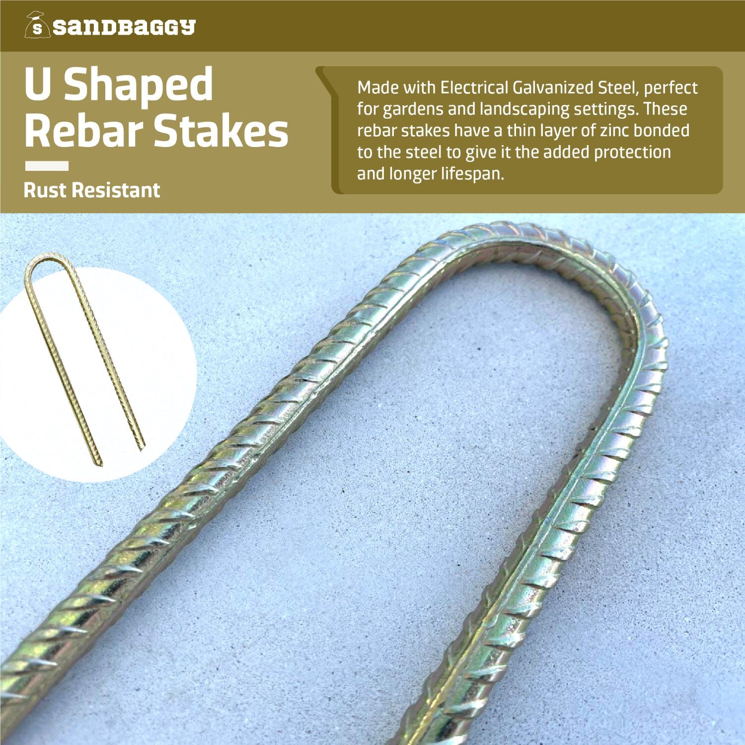 U Shaped Rebar Stakes - Galvanized Steel #3 Rebar- Sandbaggy