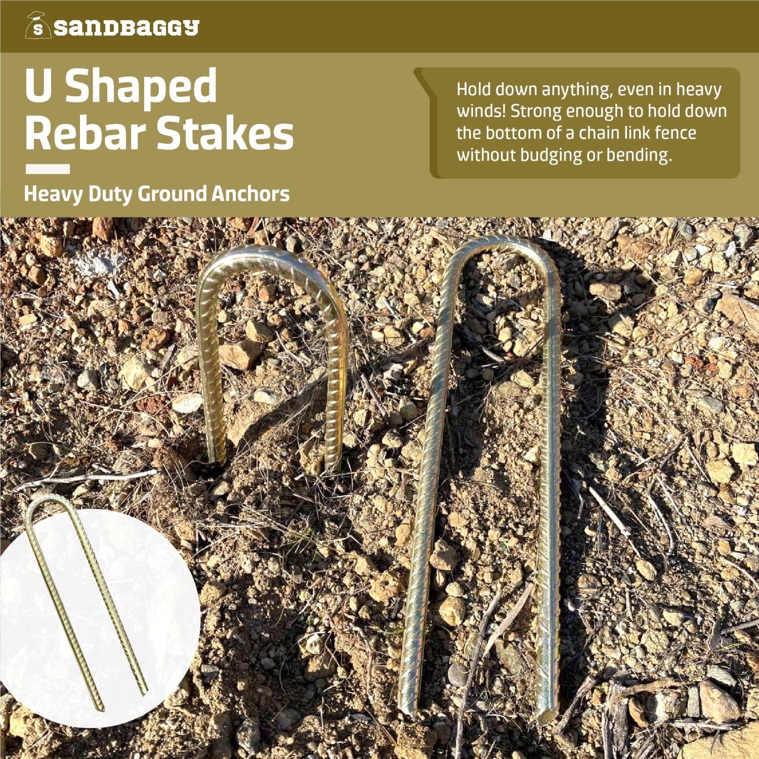 U Shaped Rebar Stakes Galvanized Steel 12" x 2", diameter 3/8" (3