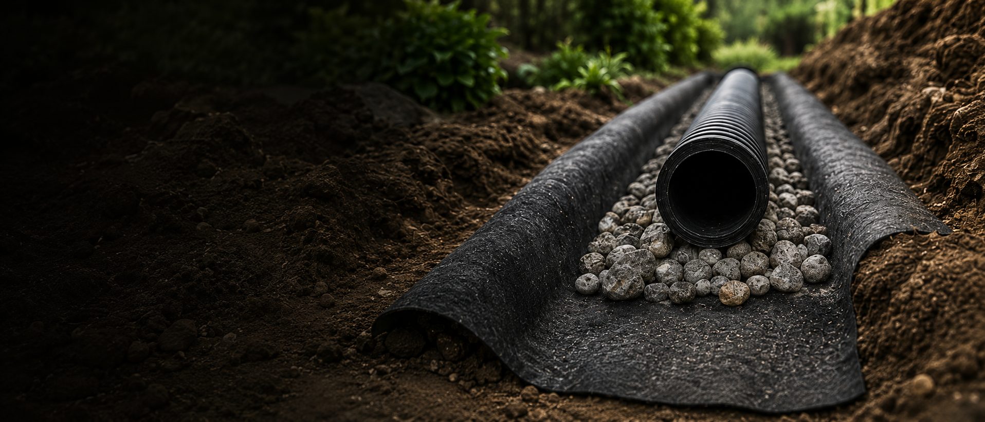 French drain with perforated pipe on gravel and filter fabric