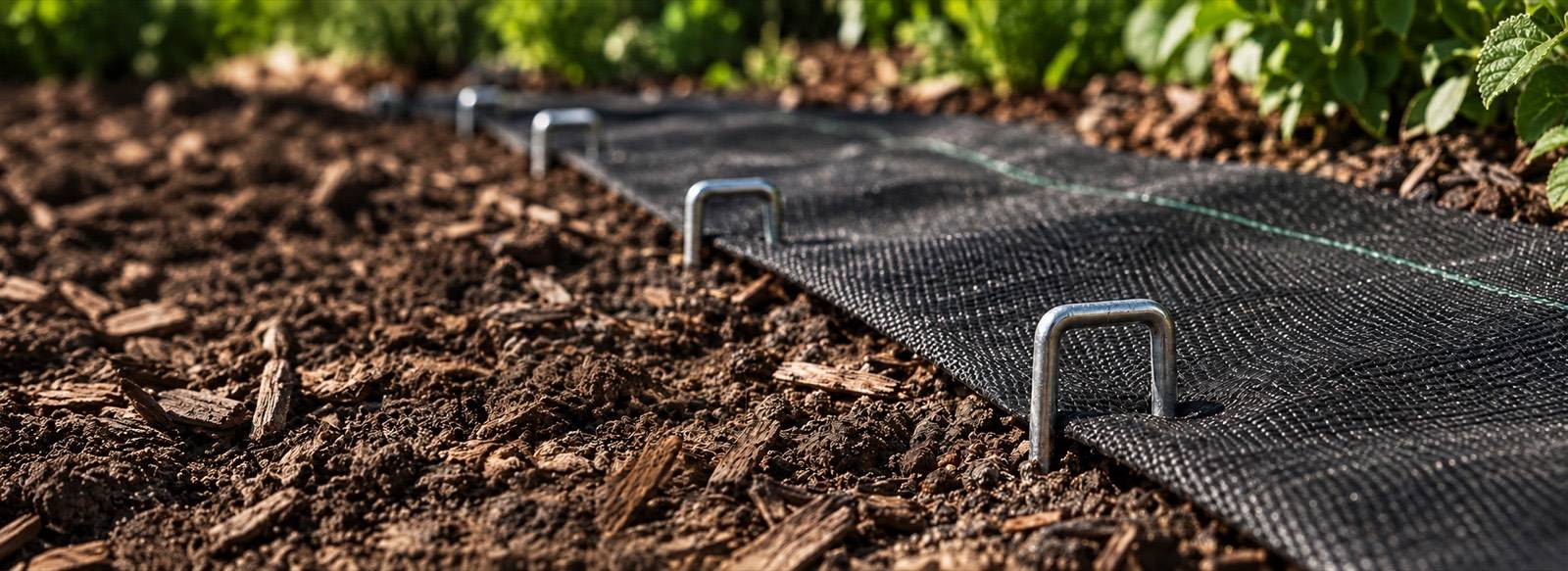 Galvanized landscape staples pinning woven fabric along a garden bed